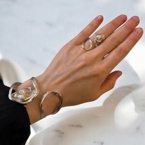 Silver Pearl Bangle and Ring Set